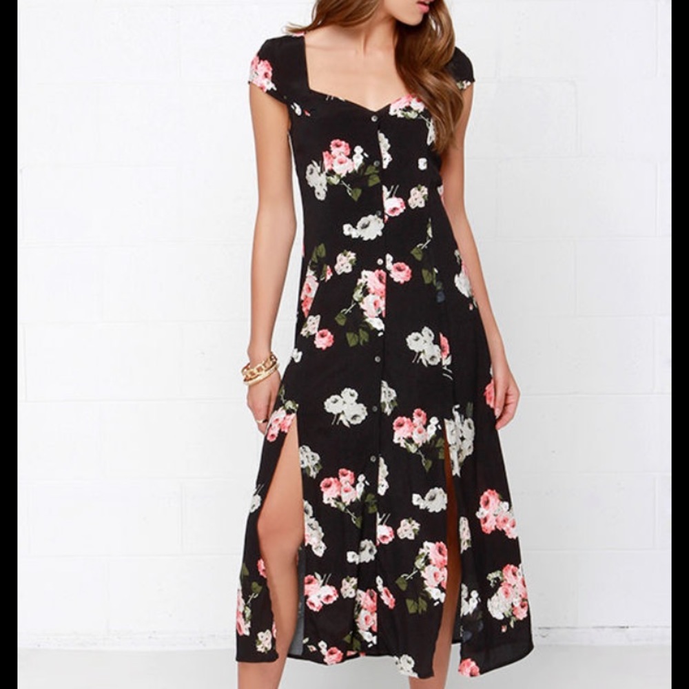 MINKPINK Black Floral Midi Dress with Pink and White Blooms